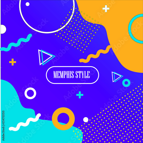 Memphis style vector illustration in bright colors and with the inscription in the center.