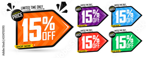 Set Sale 15% off banners discount tags design template, promo app icons, vector illustration