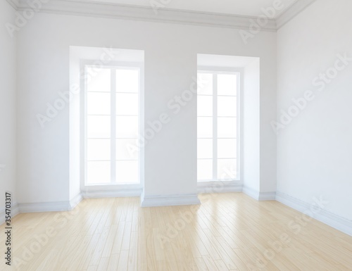 Minimalist empty room interior with vases on a wooden floor, decor on a large wall, white landscape in window. Background interior. Home nordic interior. 3D illustration