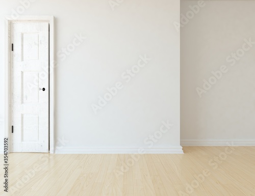 Minimalist empty room interior with vases on a wooden floor  decor on a large wall  white landscape in window. Background interior. Home nordic interior. 3D illustration