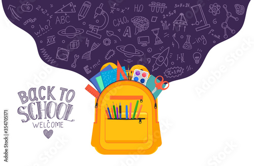 Open school backpack full of stationery with school subject doodle on white background. Back to school. Welcome.