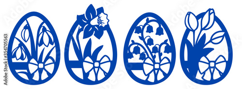 Easter eggs with narcissus, snowdrop, lily of the valley, tupin. Laser cutting template. Happy easter vector. Rustic card with easter egg flower for decoration design. Wood carving frame. Stencil. 