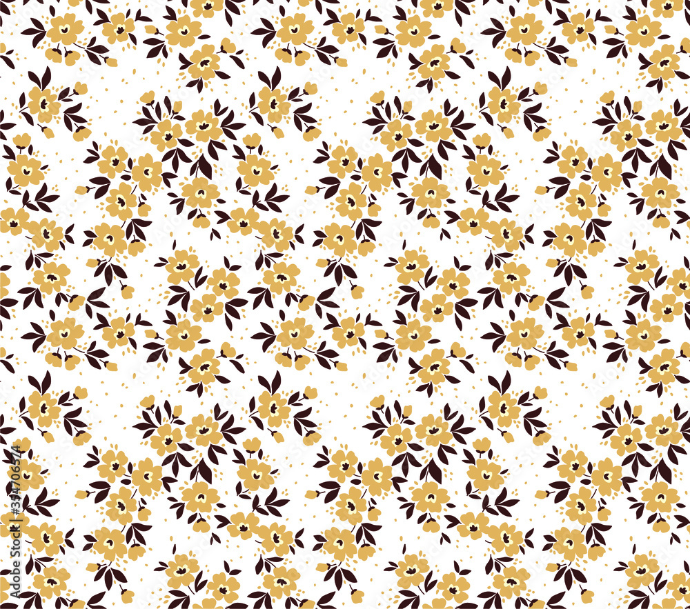 Vintage floral background. Seamless vector pattern for design and fashion prints. Flowers pattern with small beige flowers on a white background. Ditsy style.