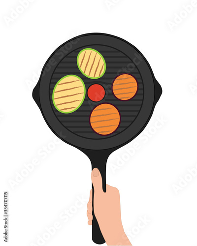 Hand holds a frying pan with vegetables, vector illustration