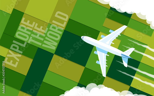 The plane flies over the green fields. Airplane in the clouds. Top view. Vector illustration