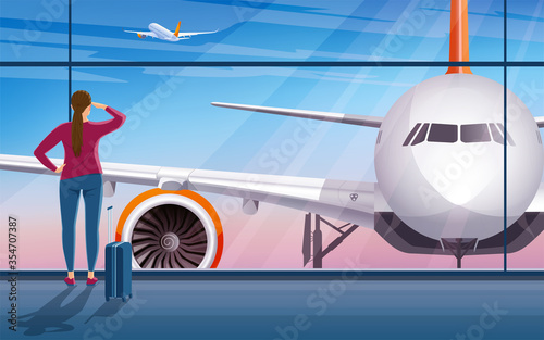 Young elegant woman with travel suitcase looking through the window at takeoff plane. Travel tourist standing with hand luggage watching sunset at airport window. Vector illustration