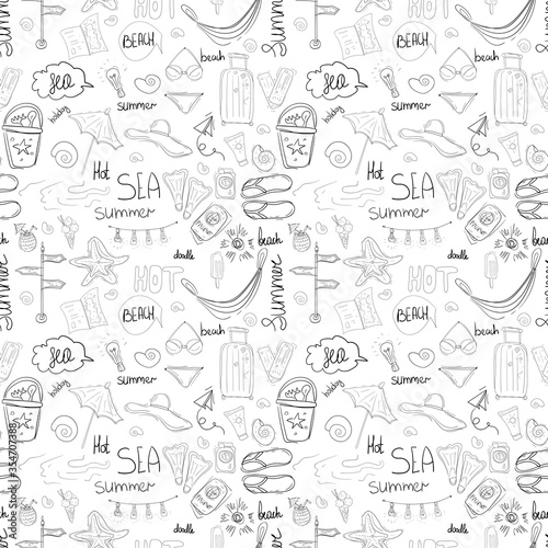 Seamless pattern of hand drawn doodle travel icon elements. Fresh sketch elements of beach and summer holiday background design. Vector illustration for fabric  textile  wrapping paper ets
