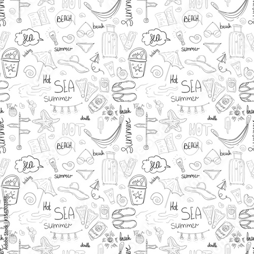 Seamless pattern of hand drawn doodle travel icon elements. Fresh sketch elements of beach and summer holiday background design. Vector illustration for fabric, textile, wrapping paper ets