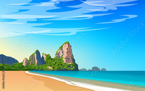 Thailand. Phuket landscape. Mountains, beach and ocean. Vector illustration