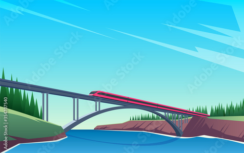 Travel by train banner. Train rides over the bridge. The bridge across the river. Vector illustration