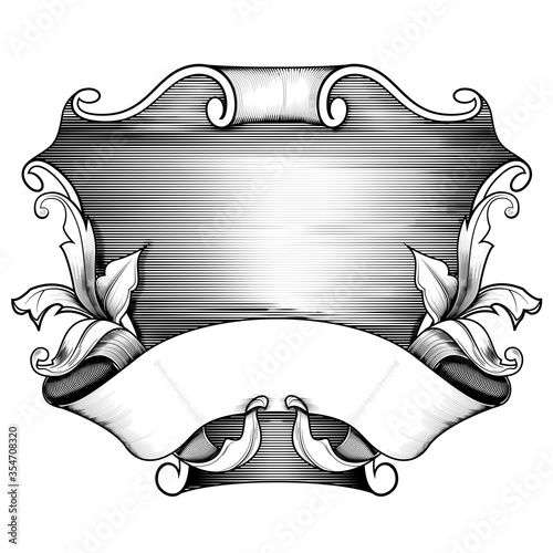 Hand drawn engraved logo, coat of arms background set with heraldic plants and ribbons, shading shield