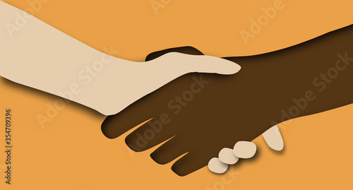 Black and white hand in paper art style. Tolerance. handshaking come together the way to success. Vector illustration paper cut style