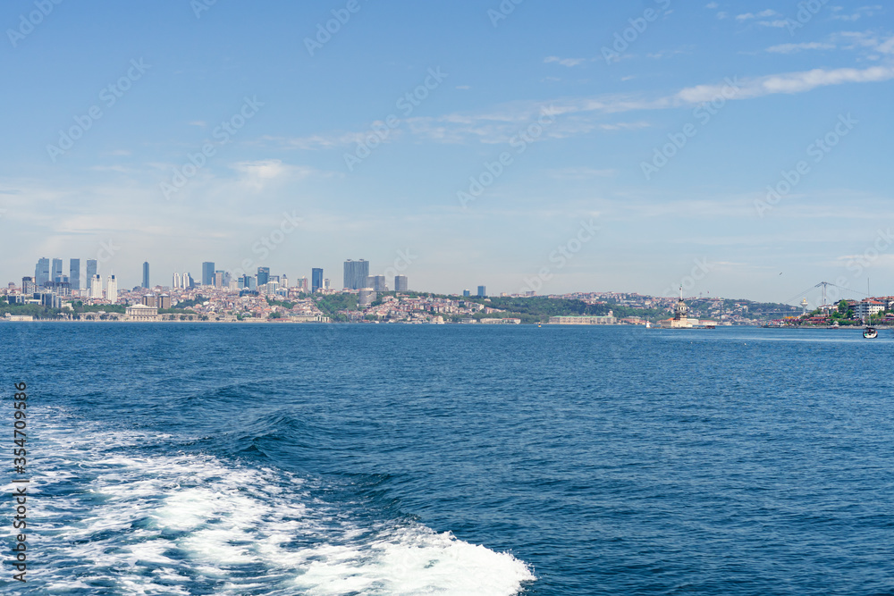 panorama of european part of Istanbul city and bosphorus bridge at background, Besiktas area. View from ferry