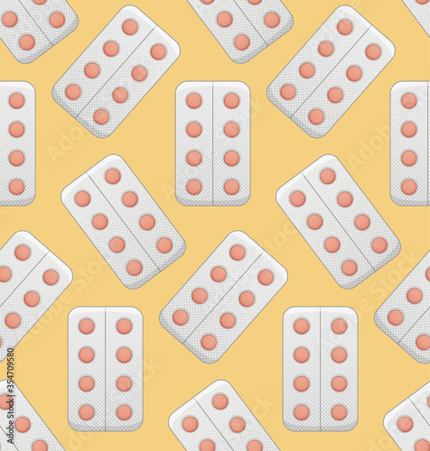 Blisters with round red pills seamless pattern on yellow background