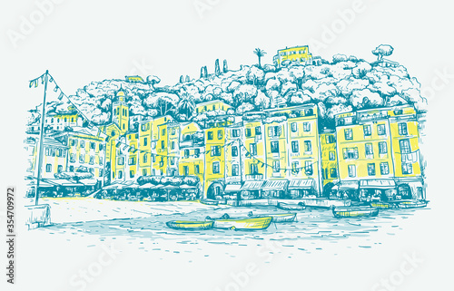 Portofino, Liguria. Sketch color vector background with boats, and European houses on sea coast.