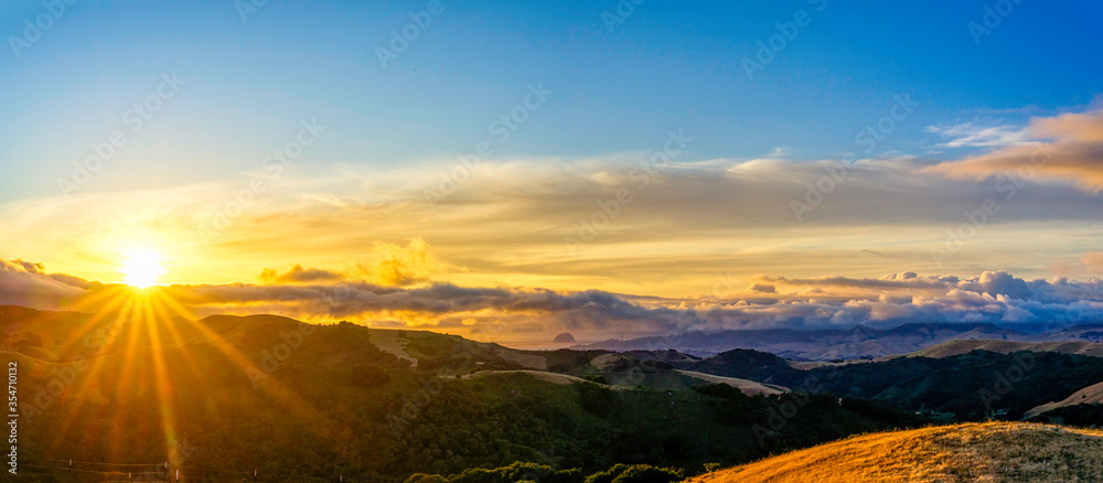 Panorama of Sunset over Mountains, Ocean