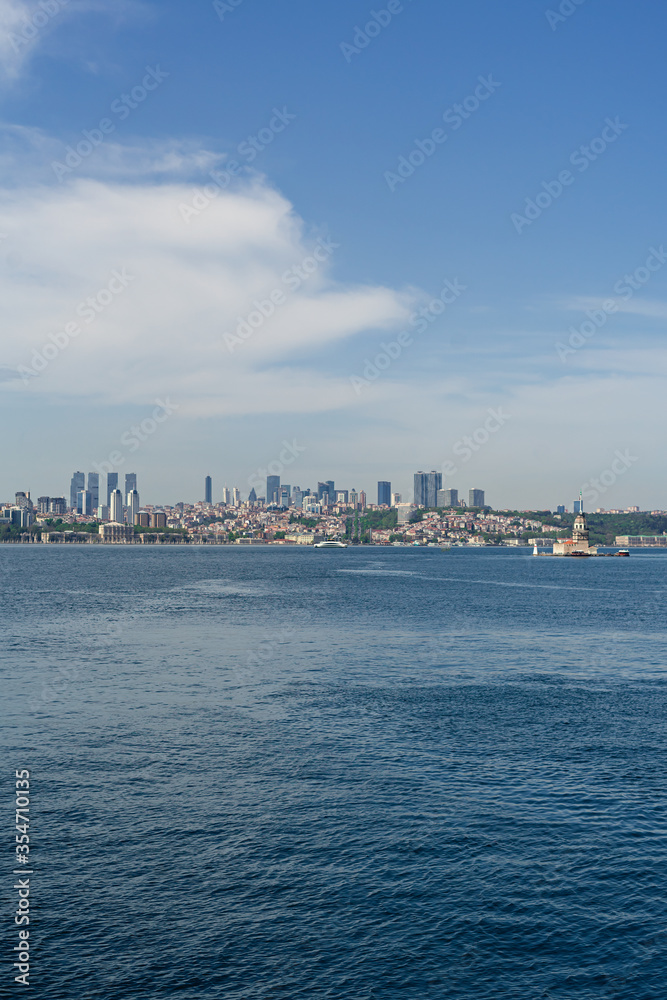 panorama of european part of Istanbul city at background, Besiktas area. View from ferry