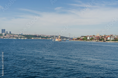 Maidens tower and Bosphorus bridge panorama of Istanbul city connecting europe and asia © olga_demina