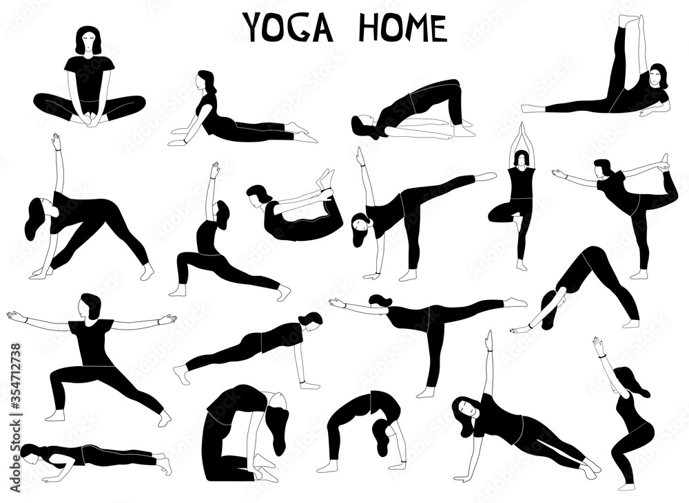 Woman doing yoga at home. Illustration with different poses.