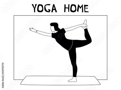 Woman doing yoga at home. Illustration with Natarajasana, dancing Shiva pose.