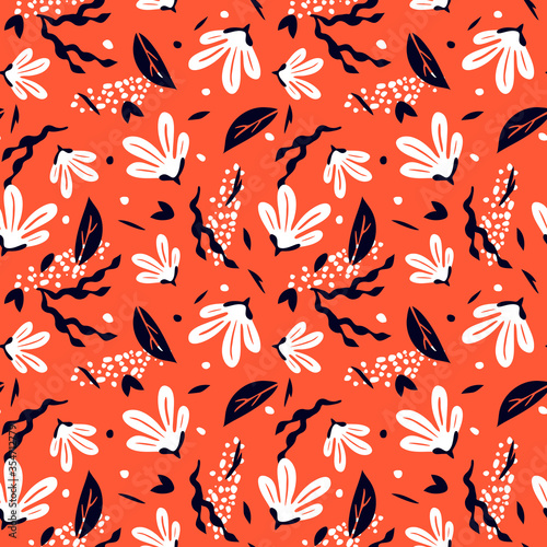 Contemporary seamless pattern with abstract flowers and tropical leaves. Summer print.