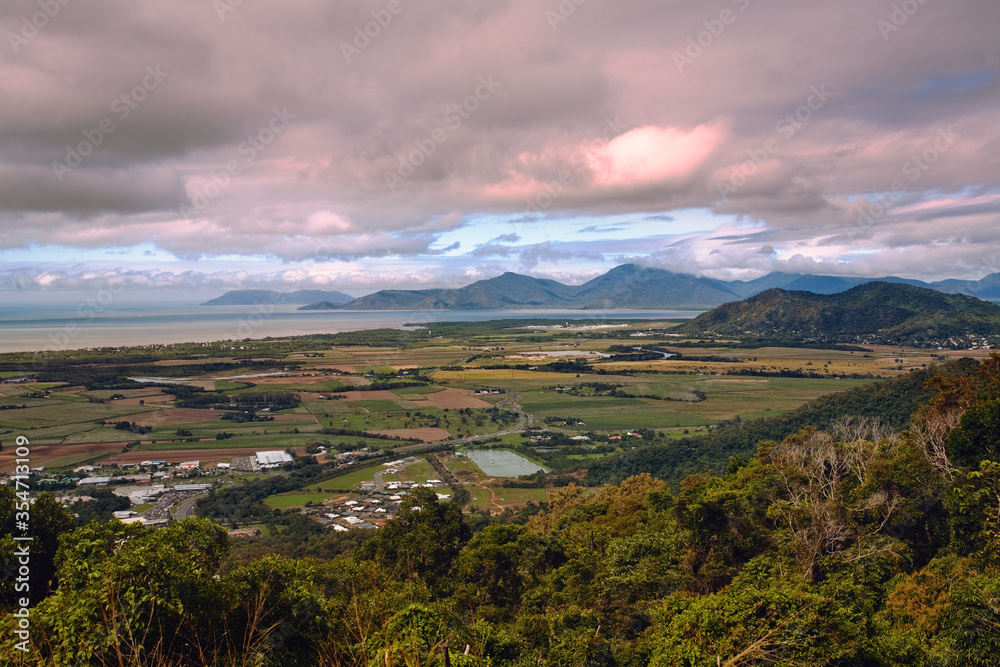 Panorama of the stunning landscape around Cairns area at the sunset,  from the top of the  road to Kuranda, Queensland, Australia.