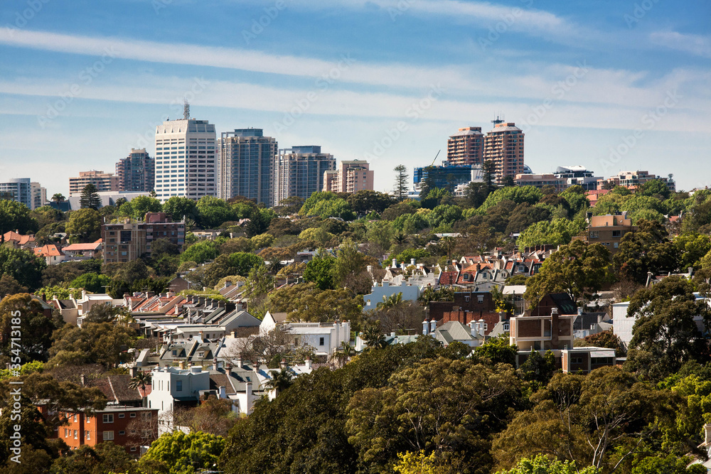 View of Darlinghurst , an inner-city, eastern suburb of Sydney, Skyscraper on the background, New South Wales, Australia.