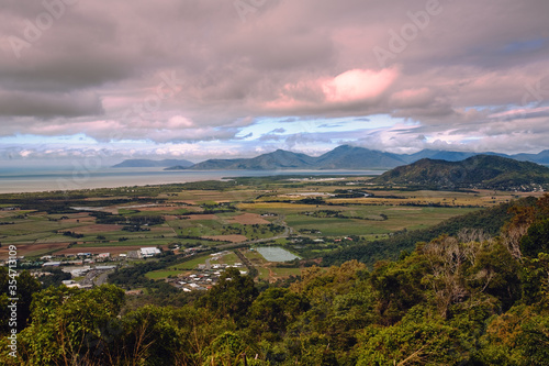 Panorama of the stunning landscape around Cairns area at the sunset, from the top of the road to Kuranda, Queensland, Australia.