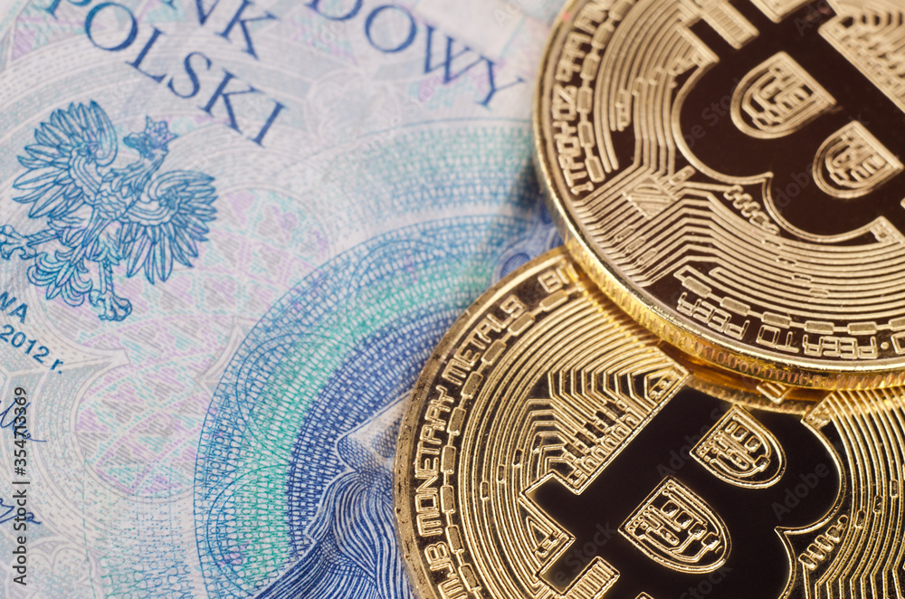 Fototapeta premium Physical Bitcoin, Litecoin polish currency, polski zloty, PLN. Cryptocurrency concept poster.