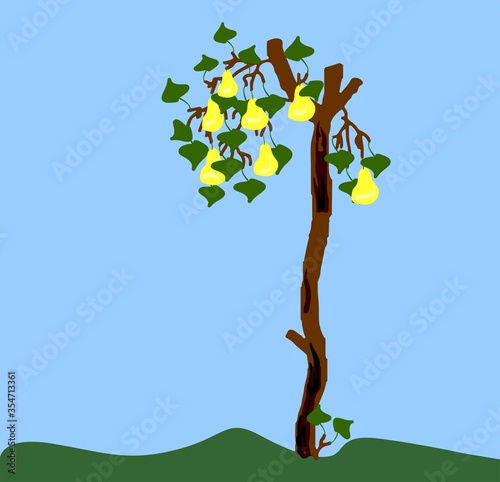 old pear with sawn branches and charred bark and on small branches green leaves and yellow pears. imitation of children's drawing
