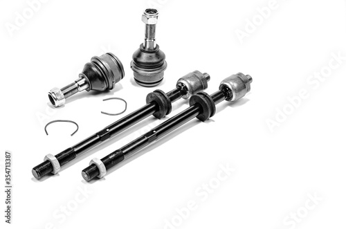Auto parts, tie rod and ball joint on a white background. Car repair, suspension