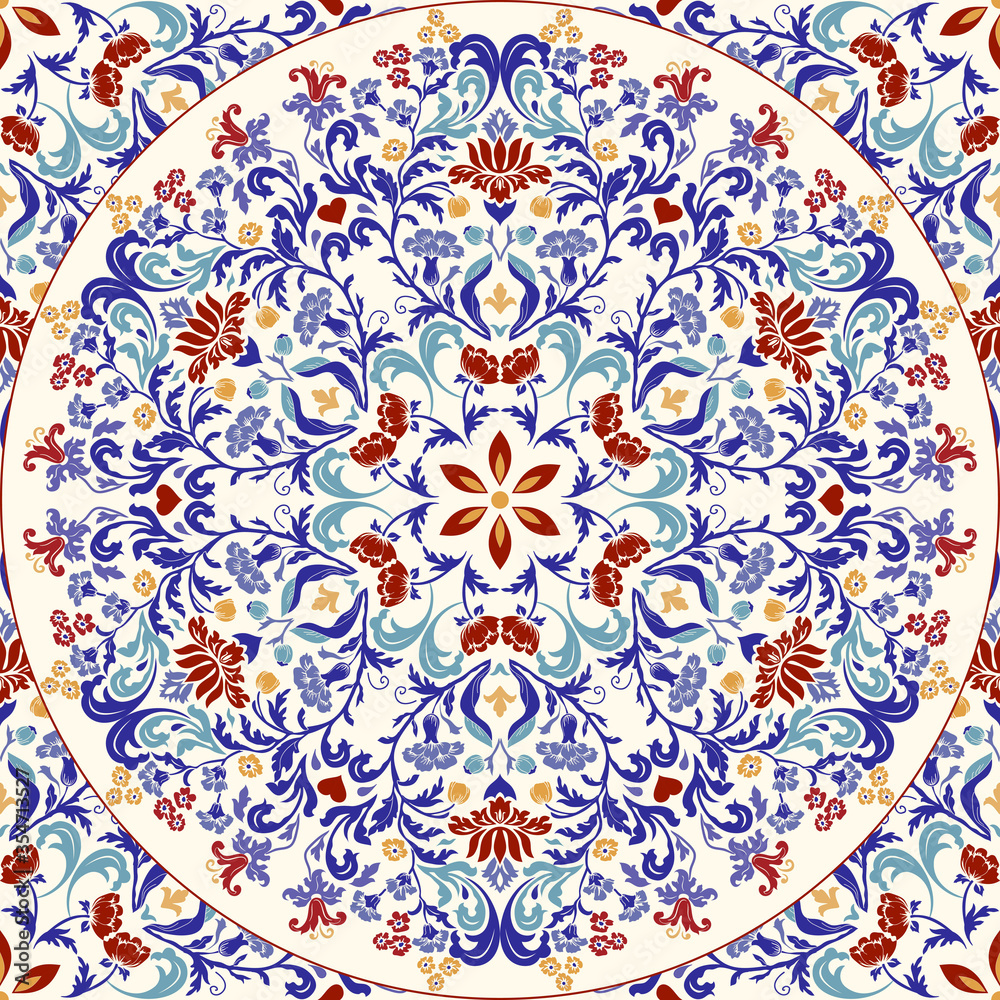 Seamless colorful pattern with mandala. Vintage decorative element. Hand drawn pattern in turkish style. Islam, Arabic, Indian, ottoman motif. Vector illustration - obrazy, fototapety, plakaty 
