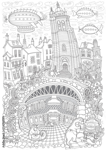 Vector contour thin line illustration. Fairy tale underground Dragon beast family apartment in the old medieval cave Kitchen. Black and white sketch. Adults coloring book page, tee shirt print