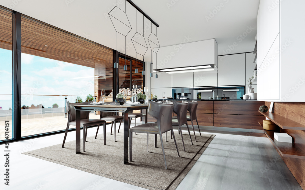 Design dining table set in the kitchen. Contemporary style. Stock