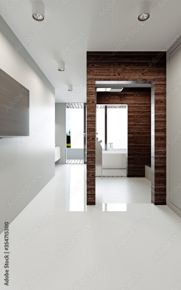 Modern nordic style bathroom. Bathroom with a large panoramic window and access to the terrace. - obrazy, fototapety, plakaty 