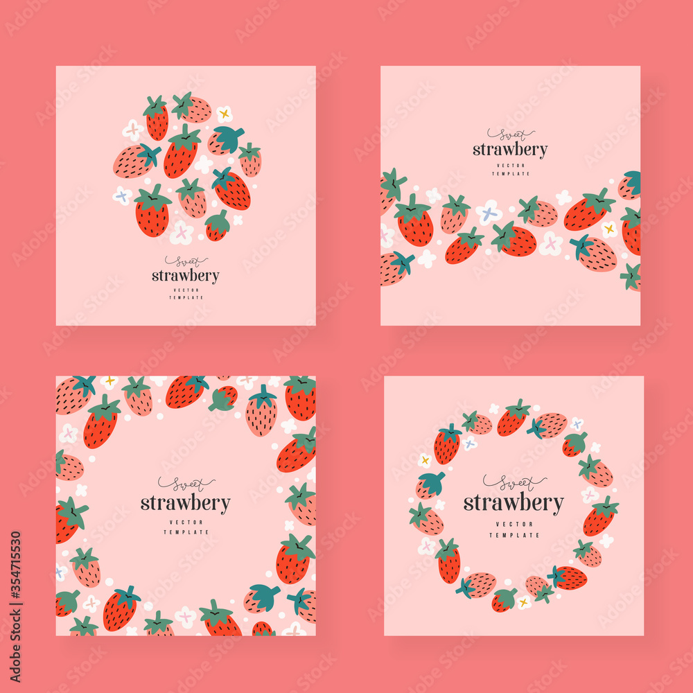 Strawberry cards set, vector templates with copy space, collection of wreaths, arrangements border frames, trendy hand drawn illustration, good as card, invitation, banner, menu, flyer cover.