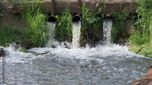 Water is drained through pipes. The sump water for the subsequent cleaning in slow motion video