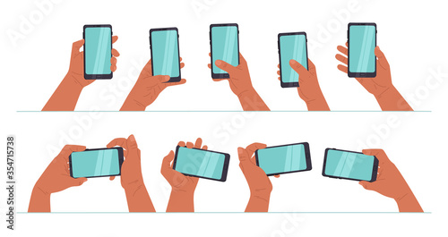 Hand holding phone. African american hands. Flat style. Vector Illustration Set