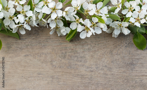 Beautiful background with white flowers, white pear flowers on a wooden background, a frame of flowers on old wooden boards, a flower border on a wooden background with copy space for the text.