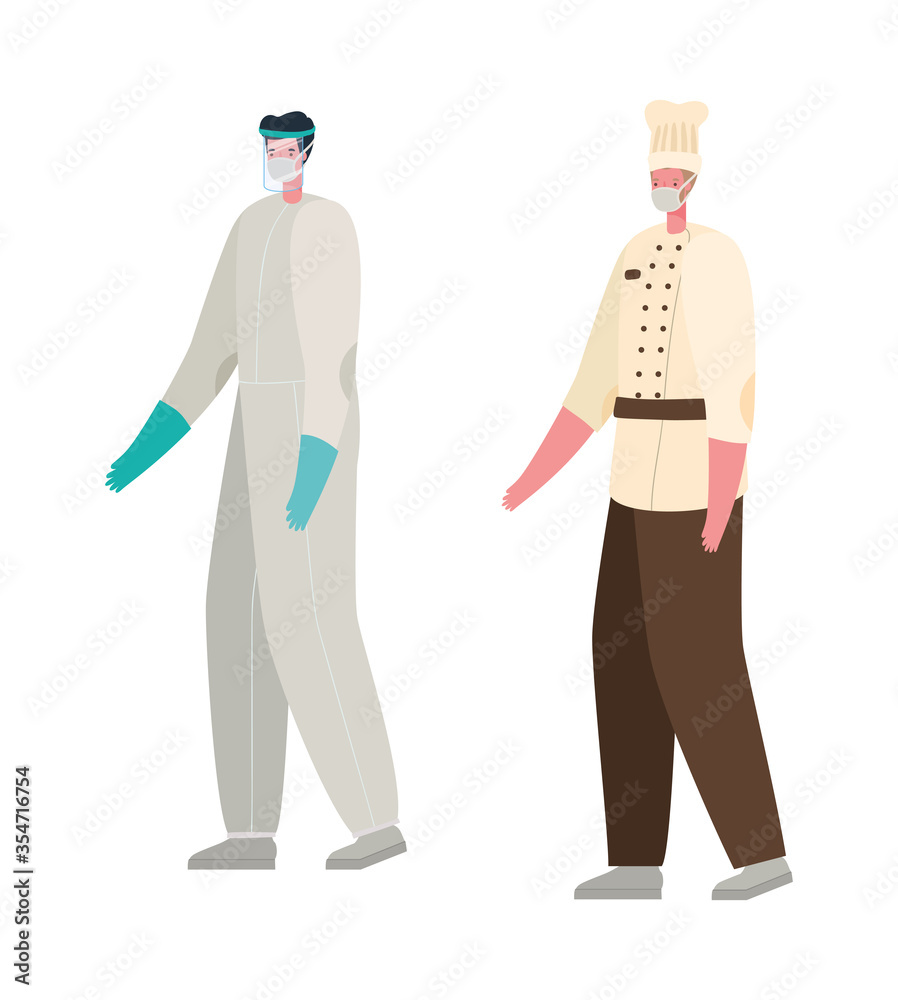 Chef man and doctor with protective suit and mask vector design