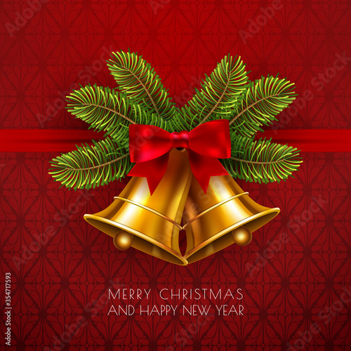 Jingle bells, winter gold vector bell with red bow and fir tree branches. Merry christmas and happy new year greeting card in traditional style. Christmas decoration element template.