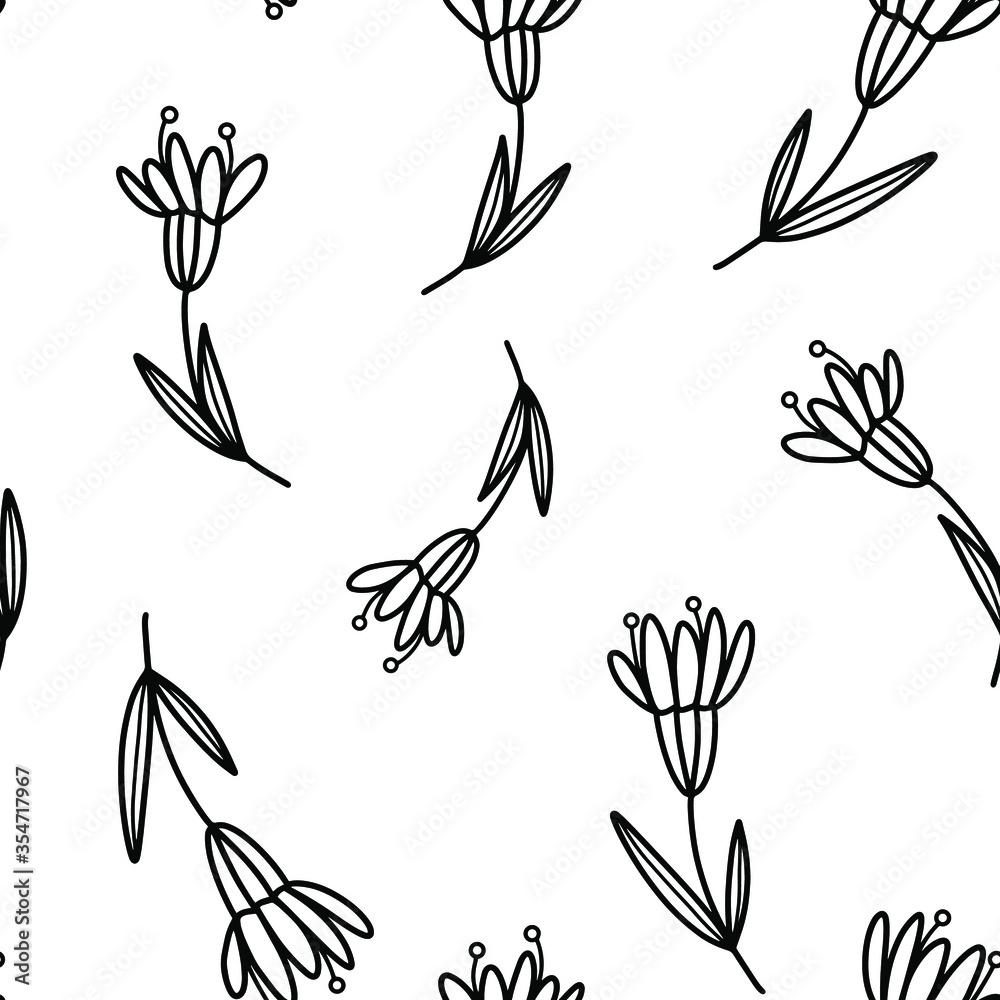 Fototapeta premium Beautiful floral seamless pattern on a white background. Vector pattern of doodle flowers. Background from abstract flowers for textile, print, postcards, wallpapers.