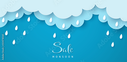 Monsoon sale poster with clouds and rain. Vector illustration