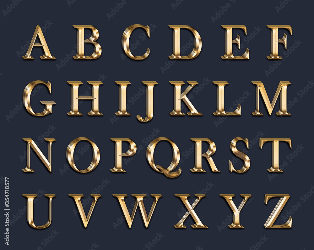 Golden English 3d alphabet on a Gray background.3d image