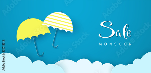 Monsoon sale flyer. Clouds and umbrellas on blue background. Vector illustration