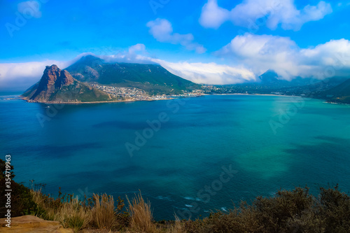 Scenic view over Hout Bay and the Atlantic ocean from Chapman s Peak Drive  Cape Town  Western Cape  South Africa.