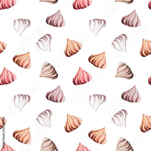 Hand-drawn watercolor illustration. Seamless pattern. A set of small meringues. Multi-colored marshmallow on a white background.