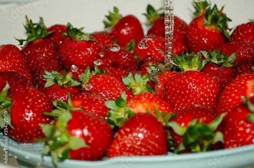 Ripe strawberries under a stream of water washed and covered with water drops