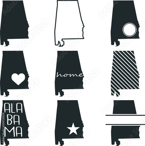 Alabama USA Map. Symbol Icon Set. Flat Vector Art Design. Clip Art Logo Collection.