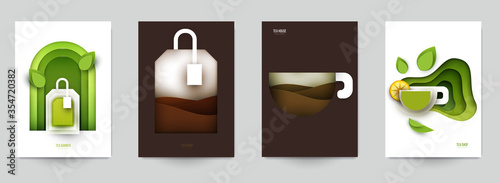 Collection colorful template cover for tea. Abstract art composition in modern geometric papercut style. Minialistic concept design for branding banner, flyer, book, menu, card. Vector illustration.